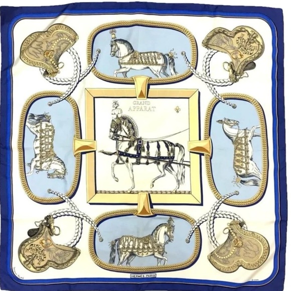 Hermes ‘ Grands Apparats Gorgeous blue, white, and gold square silk scarf 90 cm - Picture 2 of 15